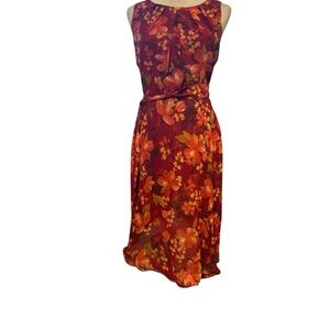 R&K Floral Red, Brown Orange Tie Waist Sleeveless Dress Size 4 back zipper entry
